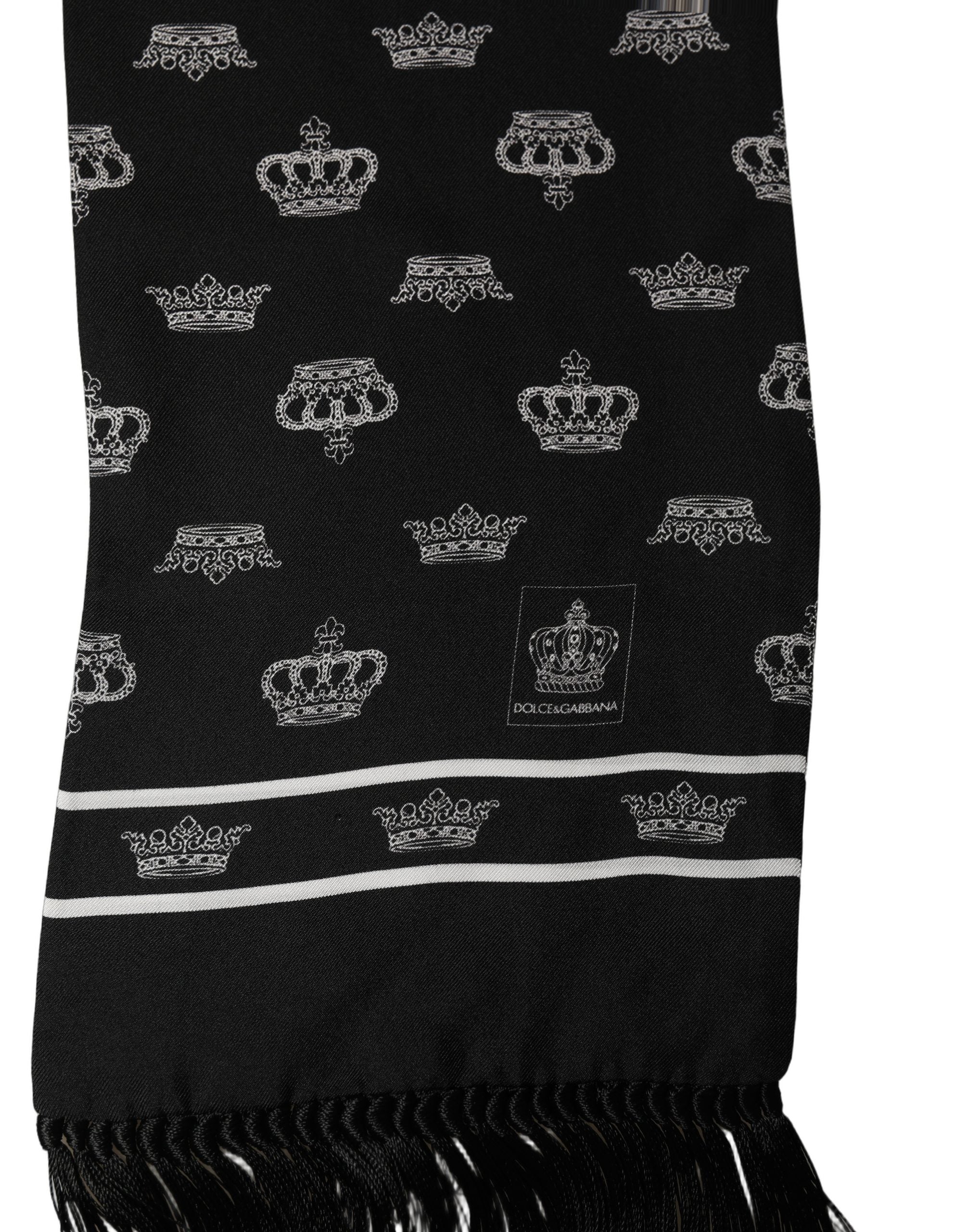 Dolce & Gabbana Black Silk Crown Fringed Neck Shawl Scarf