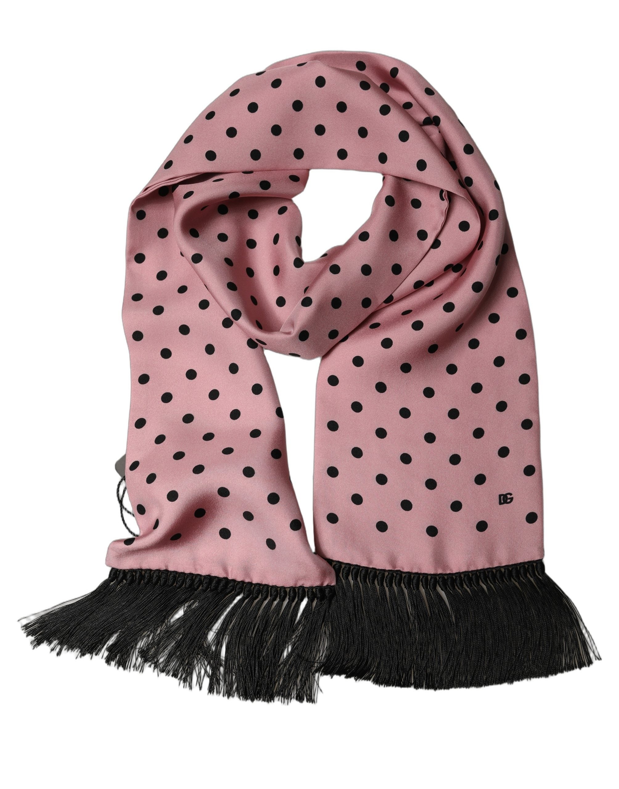 Dolce & Gabbana Pink Polka Dot Silk Fringed Lace Stole Scarf