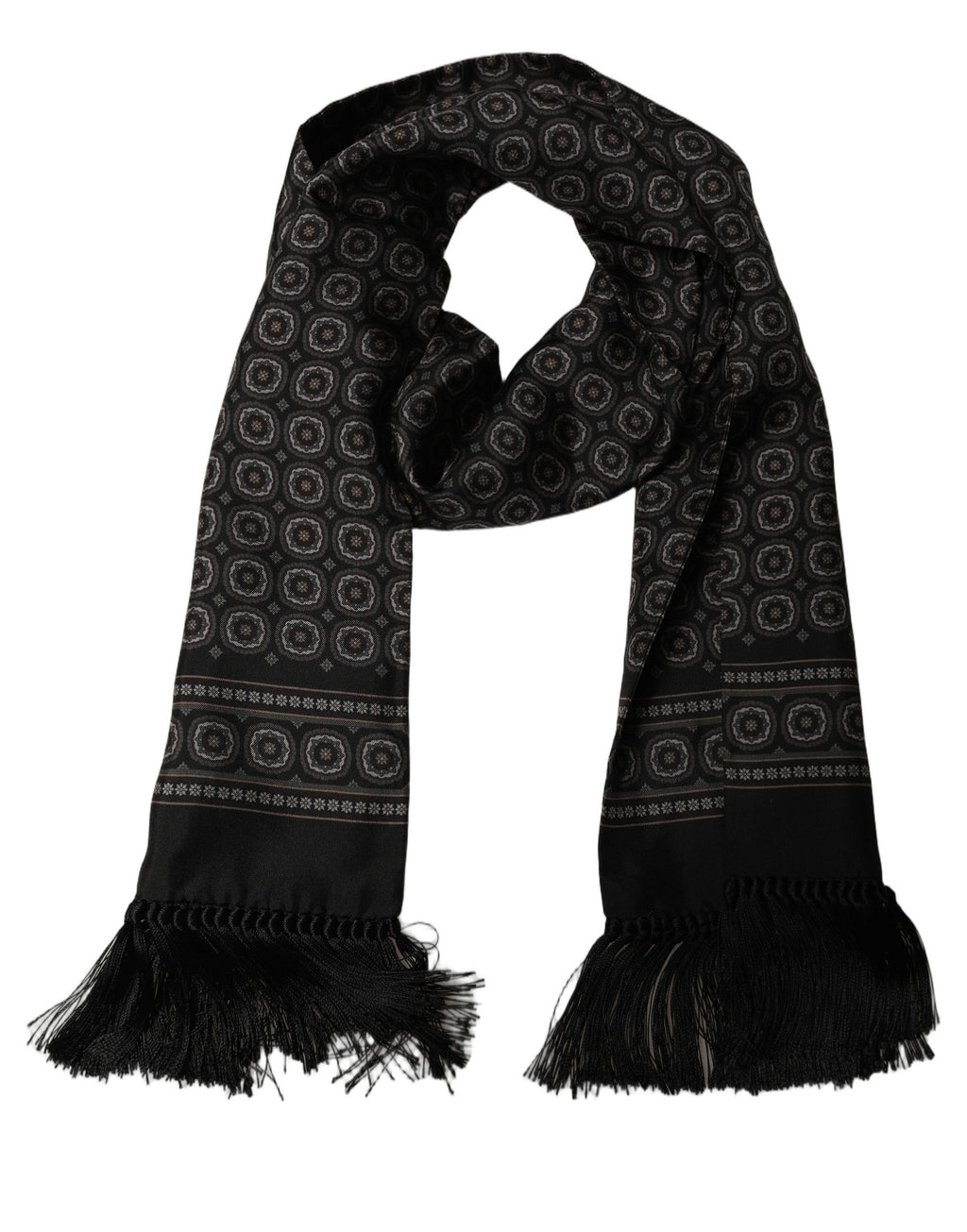 Dolce & Gabbana Black Silk Geometric Fringed Neck Shawl Scarf