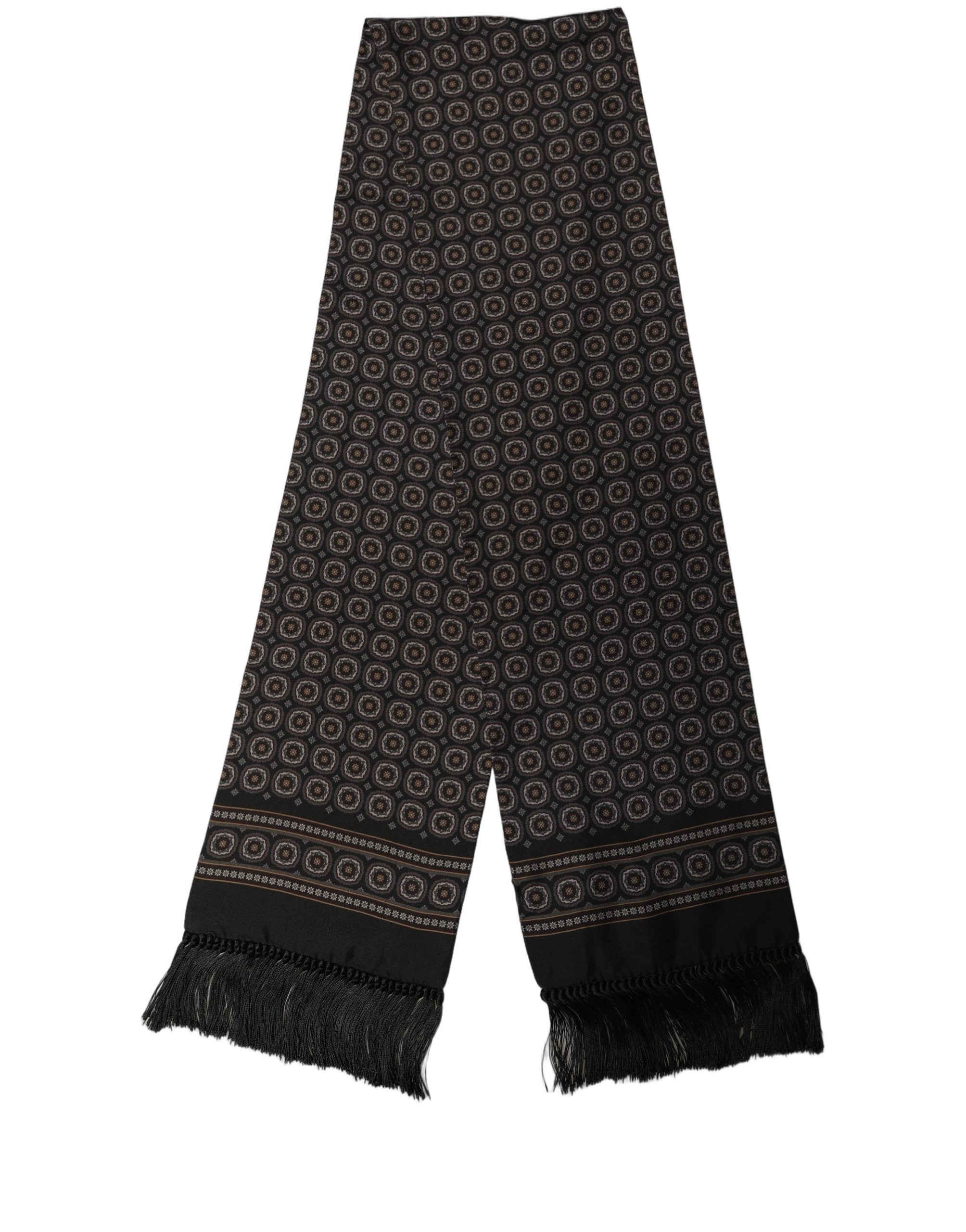 Dolce & Gabbana Black Silk Geometric Fringed Neck Shawl Scarf