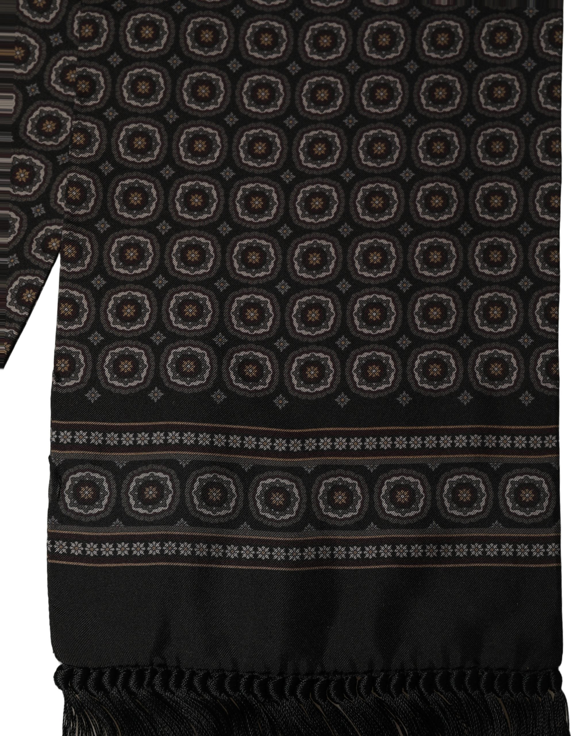 Dolce & Gabbana Black Silk Geometric Fringed Neck Shawl Scarf