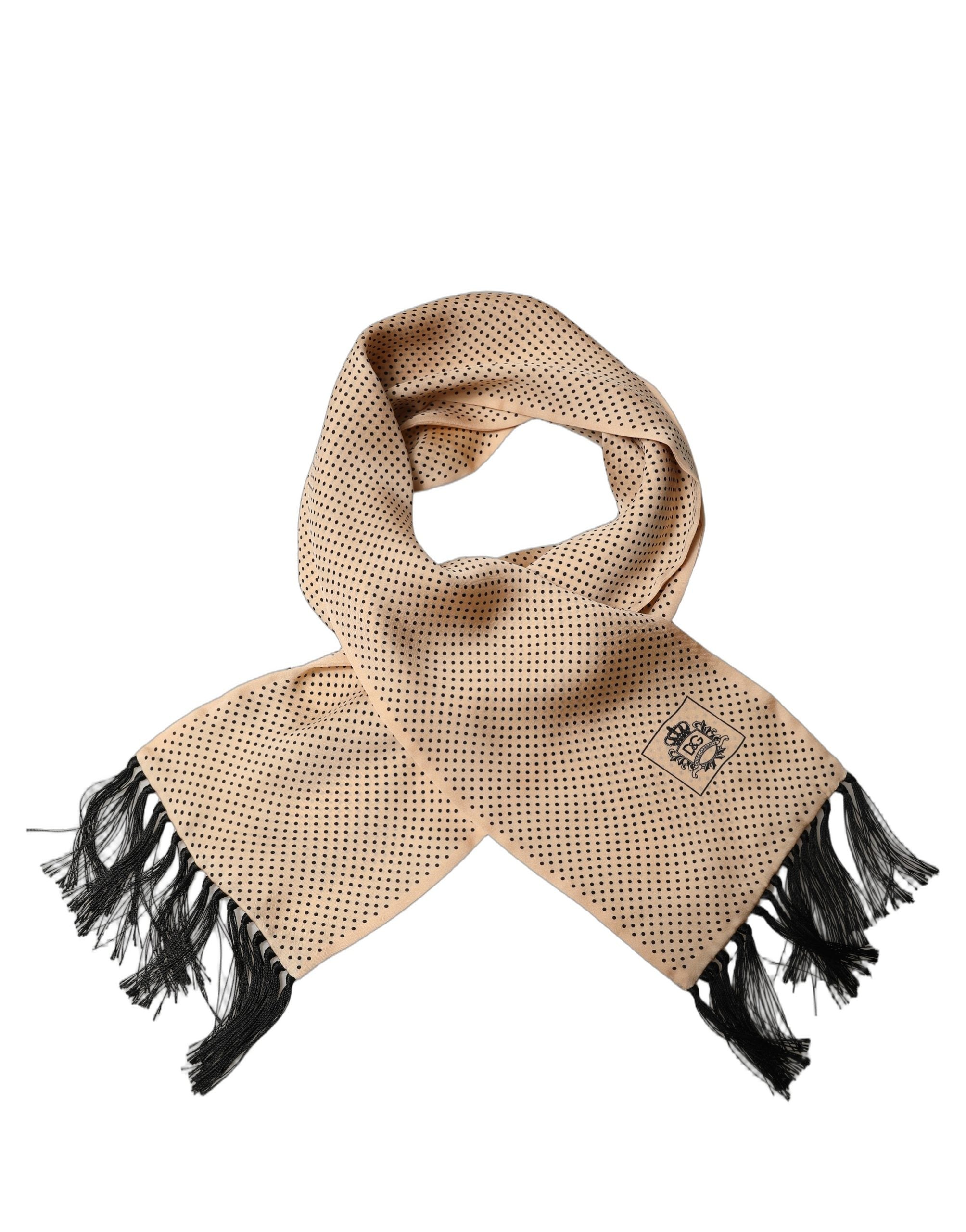 Dolce & Gabbana Beige Silk Dotted Fringed Neck Shawl Scarf