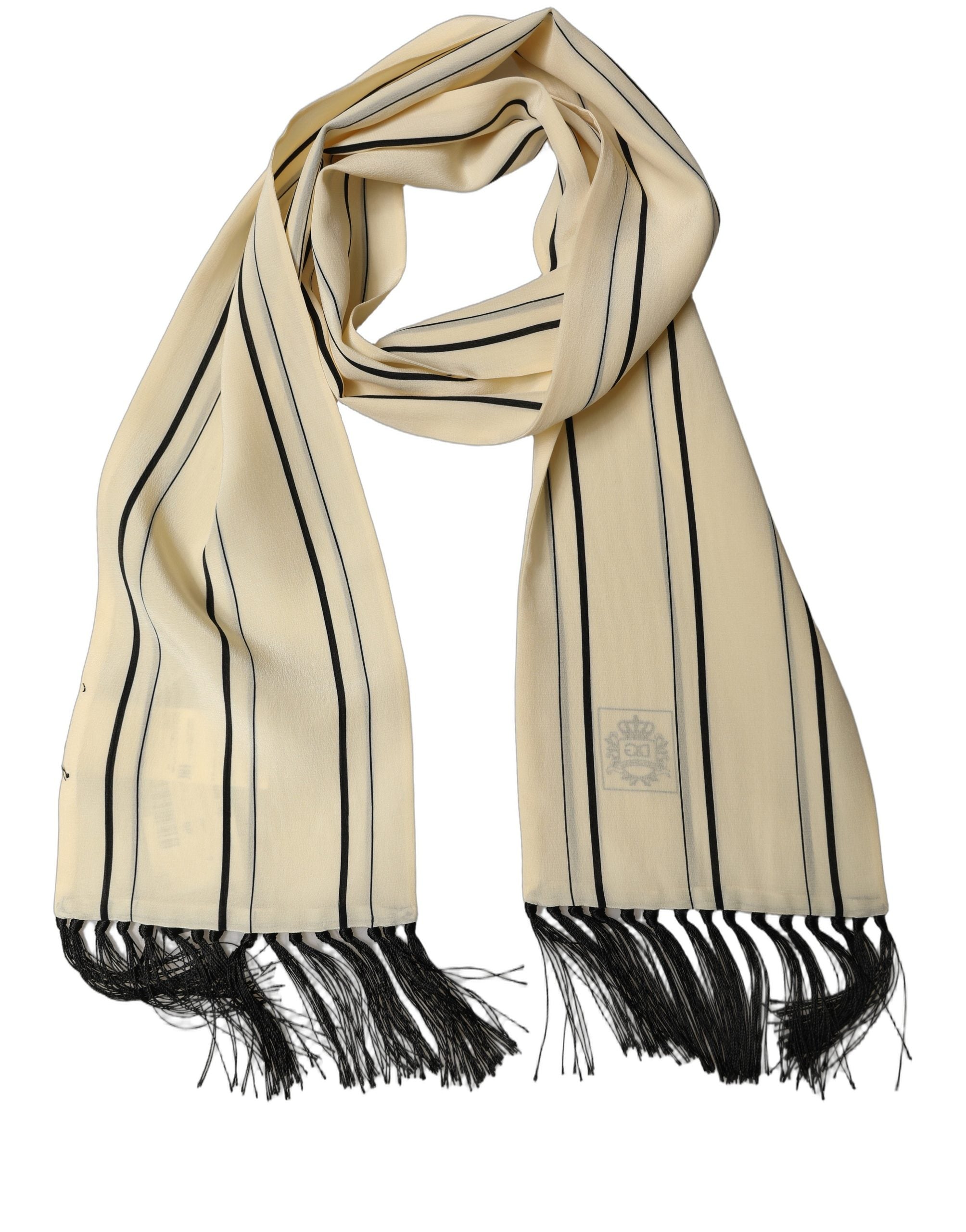 Dolce & Gabbana Beige Silk Striped Fringed Neck Shawl Scarf