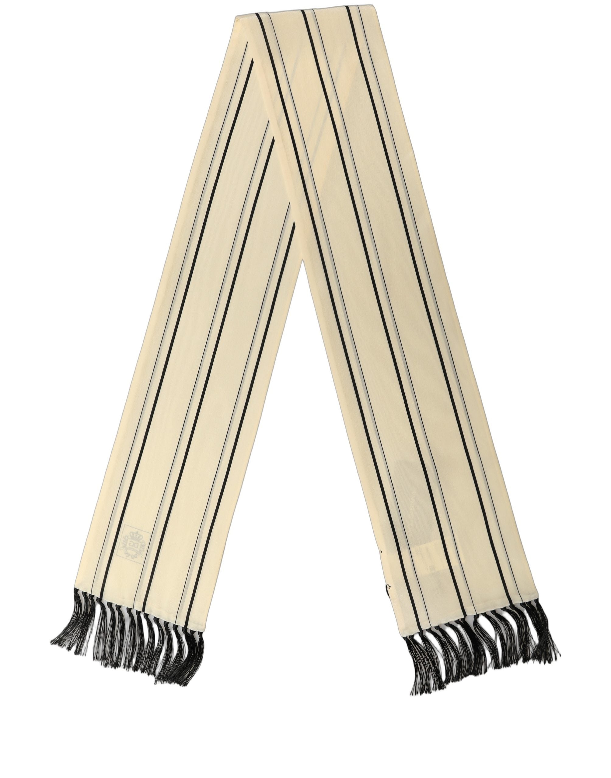 Dolce & Gabbana Beige Silk Striped Fringed Neck Shawl Scarf