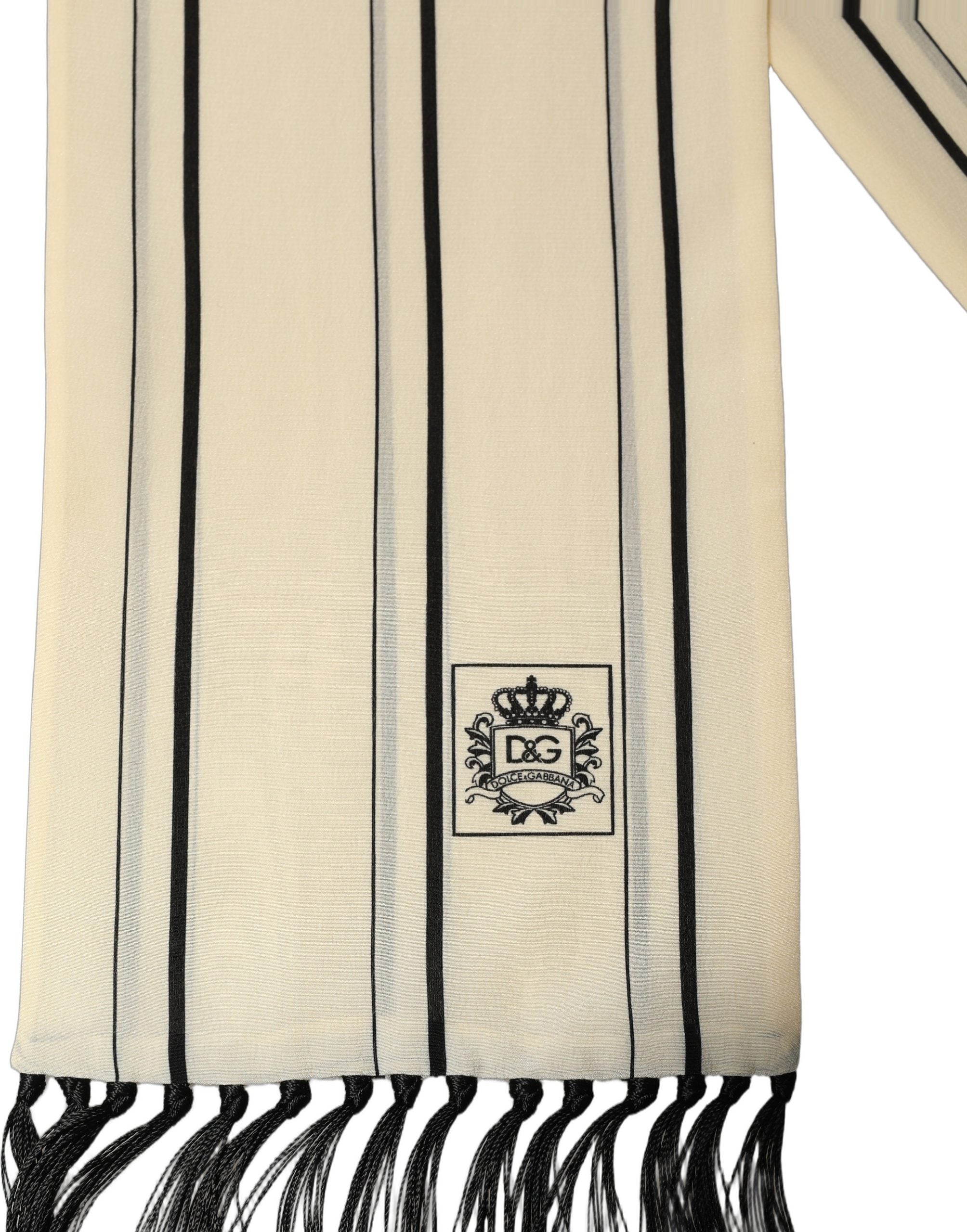 Dolce & Gabbana Beige Silk Striped Fringed Neck Shawl Scarf