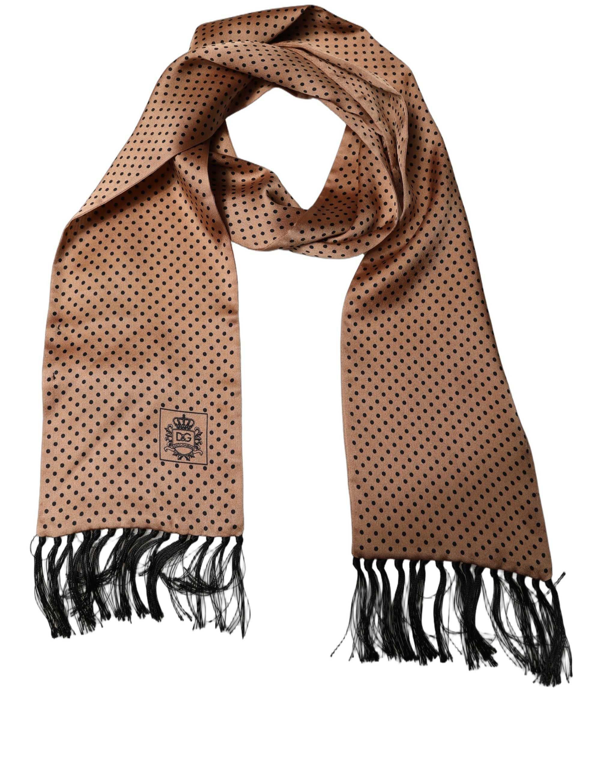 Dolce & Gabbana Brown Silk Dotted Fringed Neck Shawl Scarf