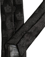 Dolce & Gabbana Men Black Crown Pattern Silk Adjustable Tied Necktie Tie