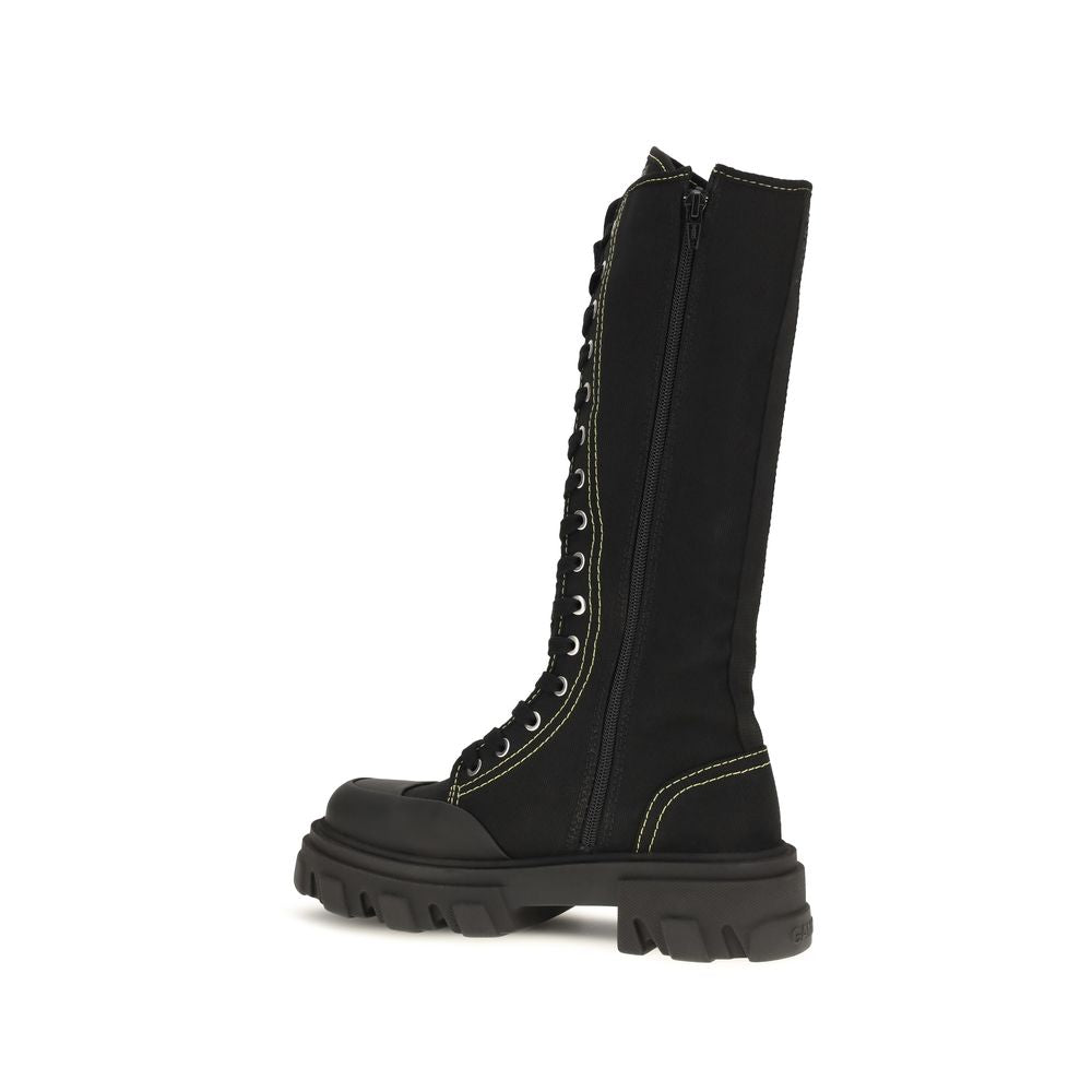 Ganni Black Cotton Lace-Up Boots