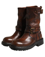 Dolce & Gabbana Brown Leather Mid Calf Biker Boots Shoes