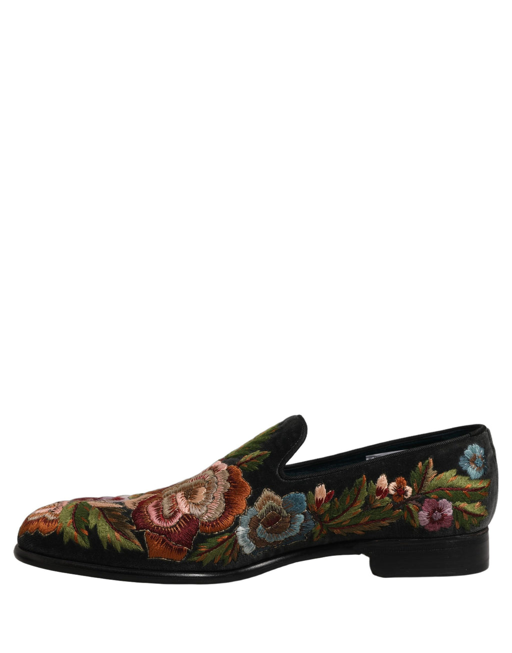 Dolce & Gabbana Black Velvet Floral Embroidery Loafers Shoes