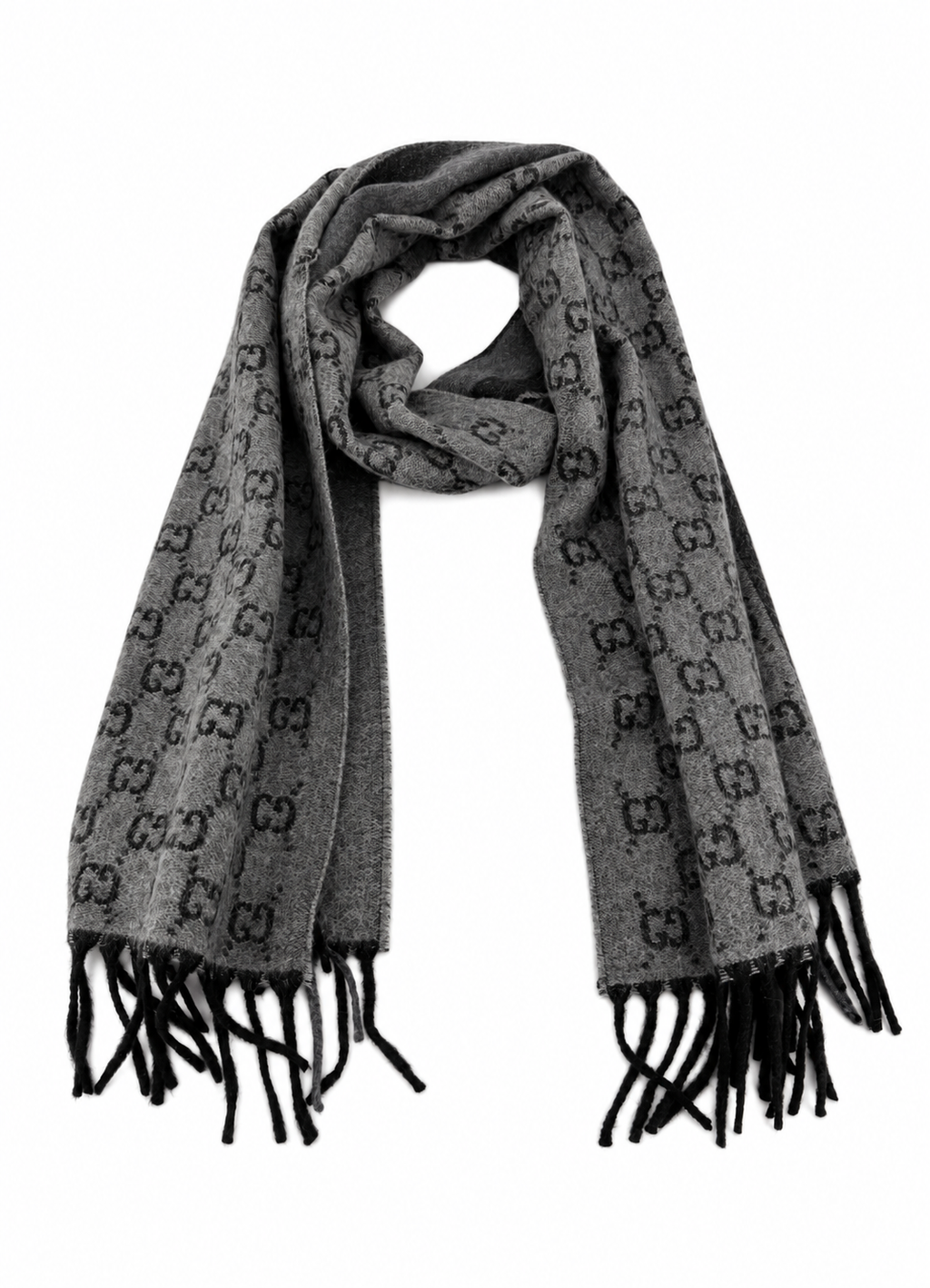 Gucci Monogram Grey Wool Scarf with Fringe