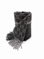 Gucci Monogram Charcoal Grey Cashmere & Wool Scarf with Fringe