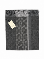 Gucci Monogram Charcoal Grey Cashmere & Wool Scarf with Fringe
