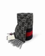 Gucci Monogram Charcoal Grey Cashmere & Wool Scarf with Red & Navy Stripe