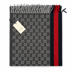 Gucci Monogram Charcoal Grey Cashmere & Wool Scarf with Red & Navy Stripe