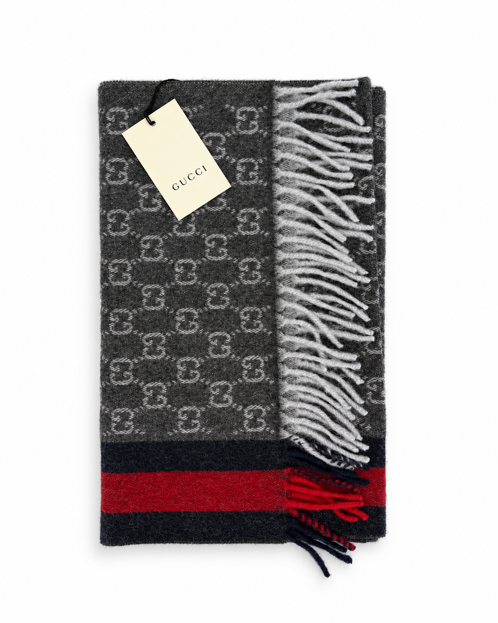 Gucci Monogram Charcoal Grey Cashmere & Wool Scarf with Red & Navy Stripe