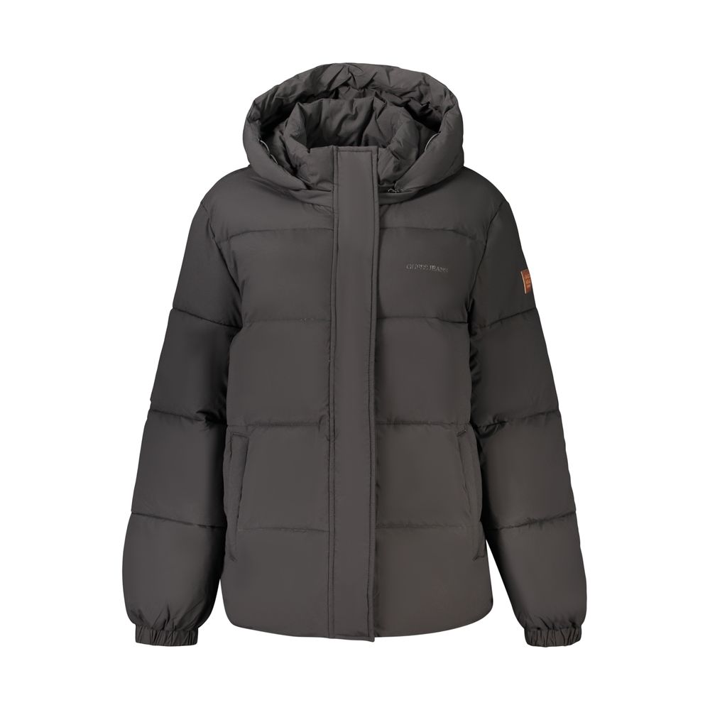 Guess Jeans Black Polyester Women Jacket with Removable Hood