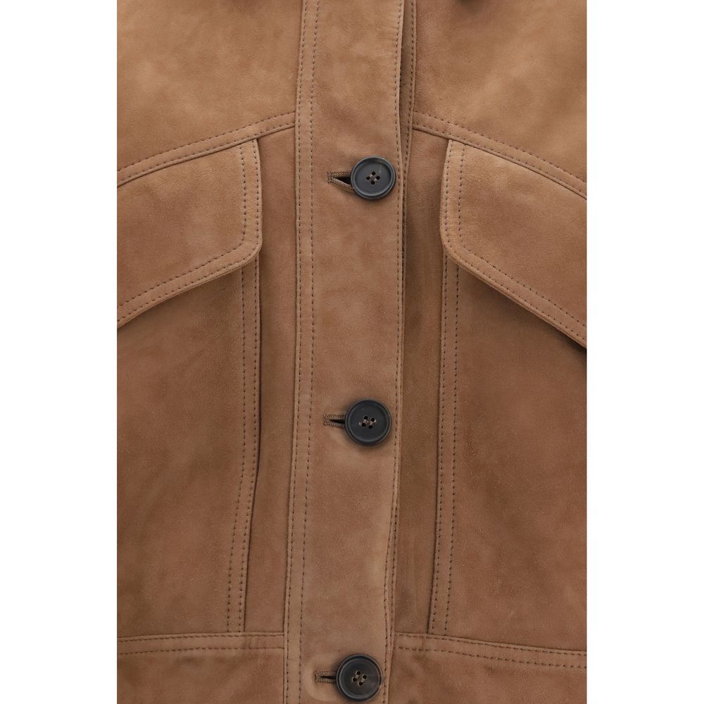 Brunello Cucinelli Brown Calf Leather Bos Taurus Denim Jacket