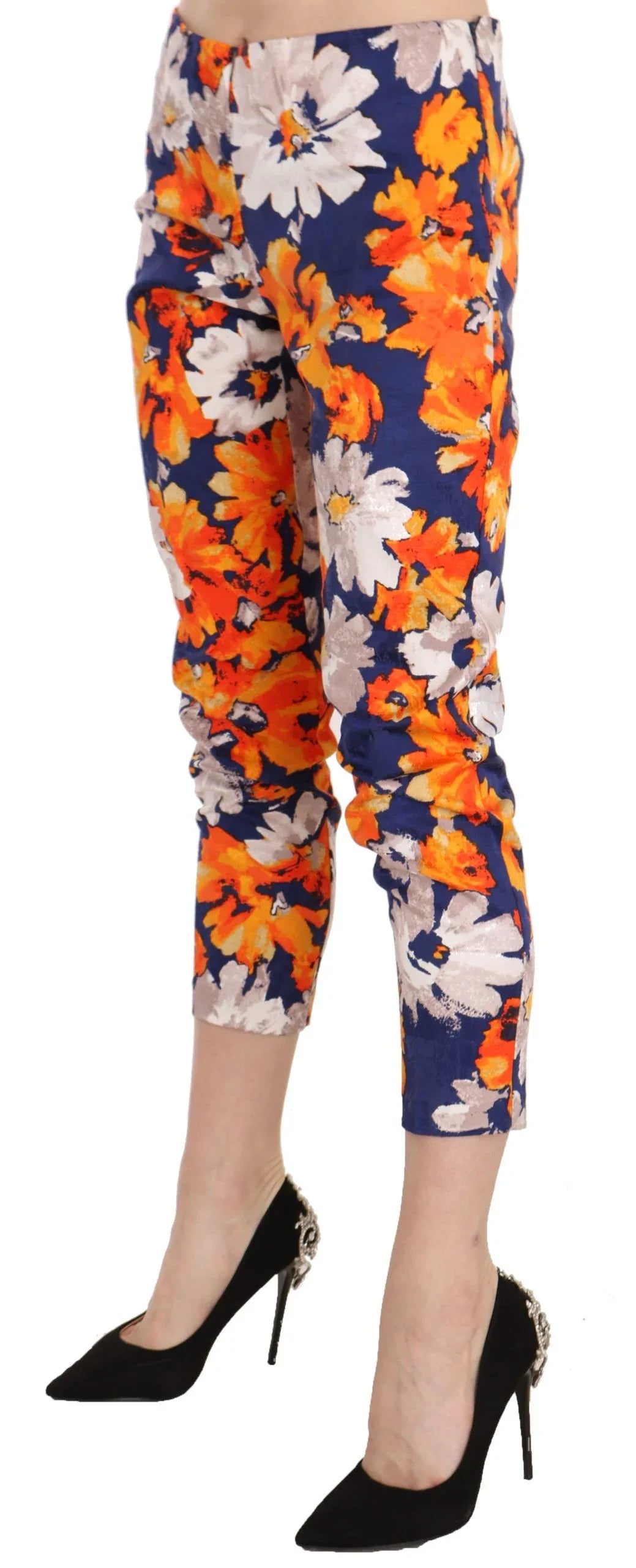 LANACAPRINA Blue Floral Print Skinny Slim Fit Trousers Pants - Zeiniez