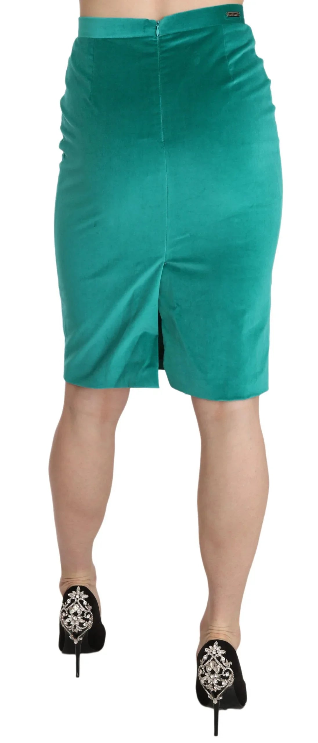 GF Ferre Green Solid Twill Knee Length Pencil Midi Skirt - Zeiniez