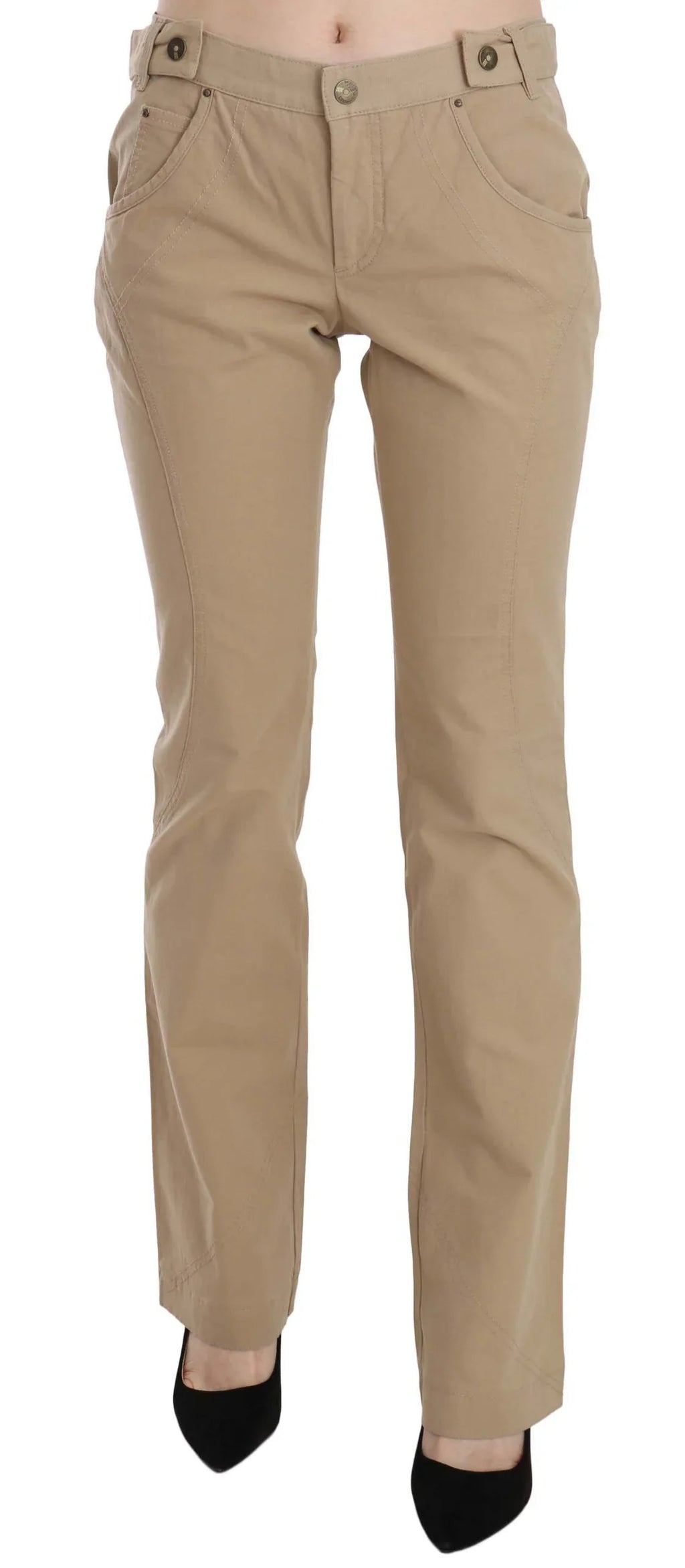 Just Cavalli Beige Cotton Mid Waist Straight Trousers Pants - Zeiniez