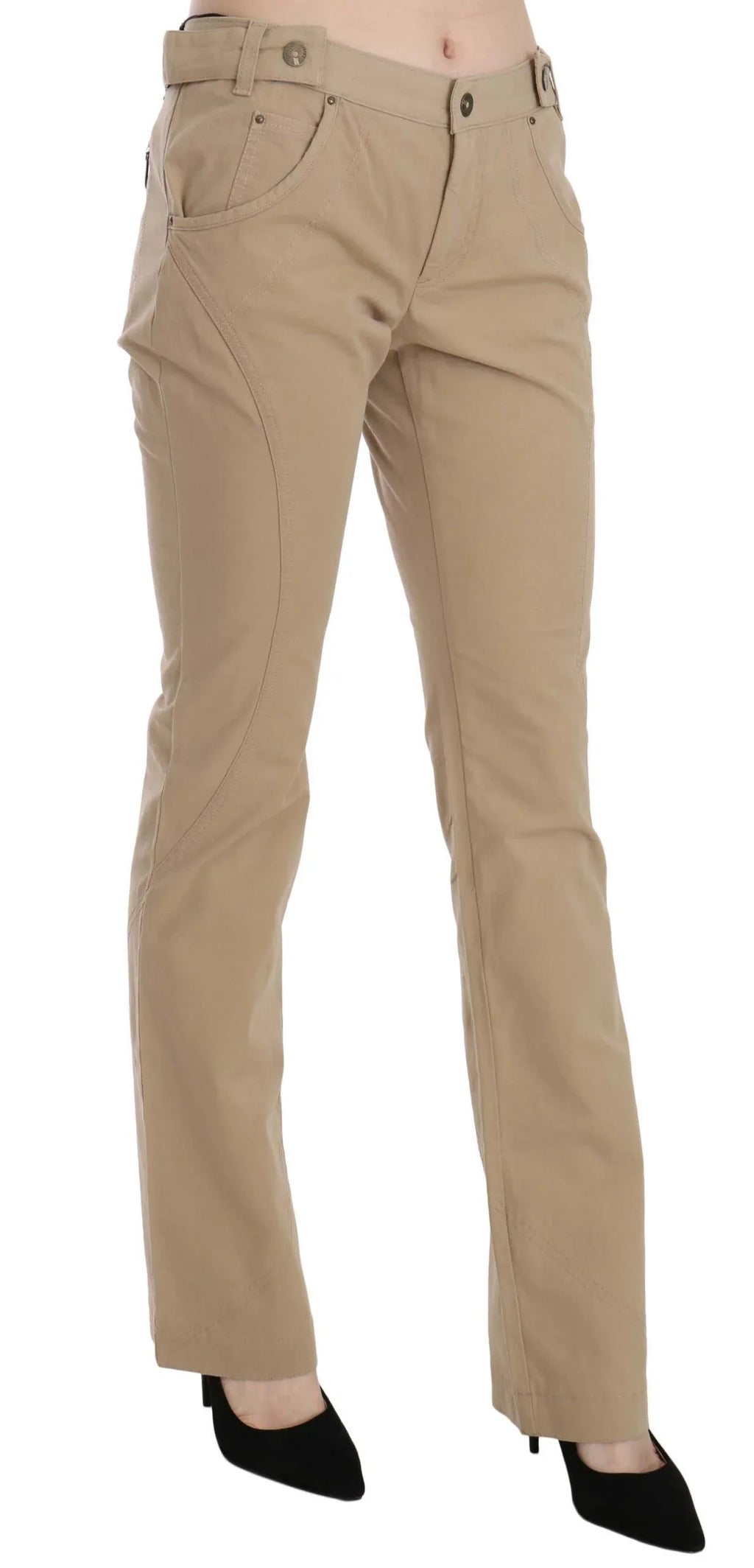 Just Cavalli Beige Cotton Mid Waist Straight Trousers Pants - Zeiniez