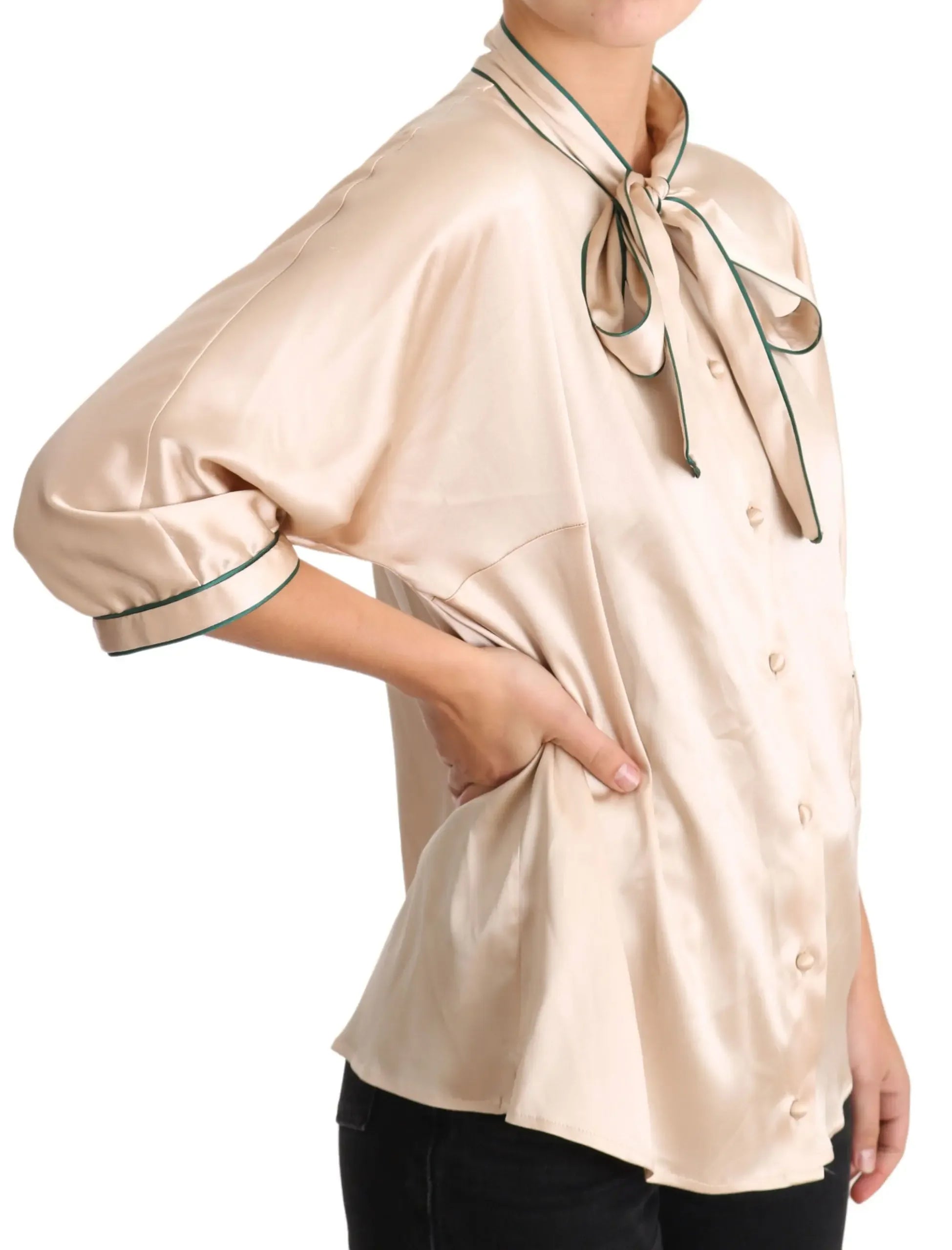 Dolce & Gabbana Beige Ribbon Silk Stretch Top Blouse - Zeiniez