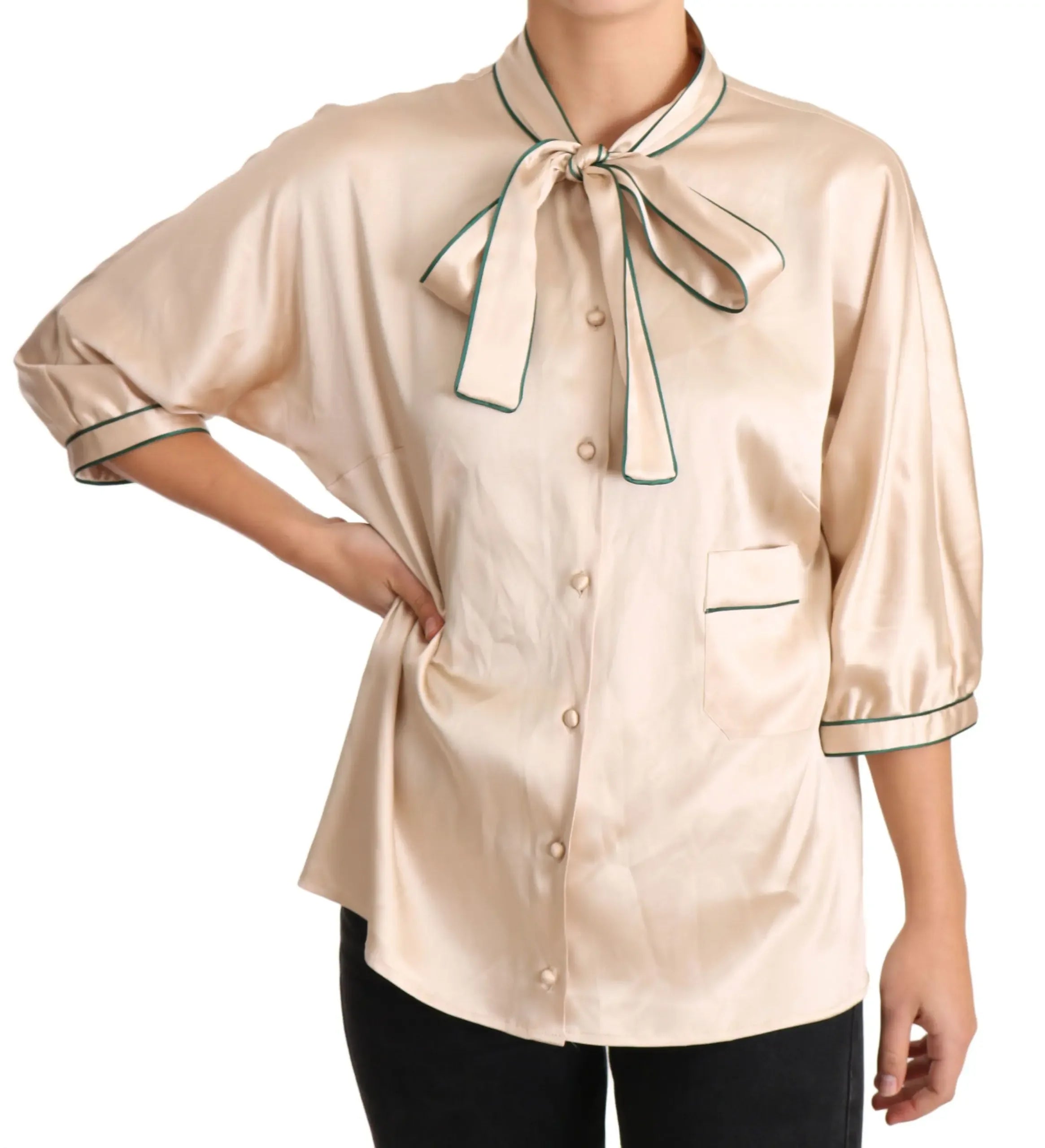 Dolce & Gabbana Beige Ribbon Silk Stretch Top Blouse - Zeiniez