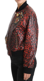 Dolce & Gabbana Red Leopard Button Crystal Leather Jacket - Zeiniez