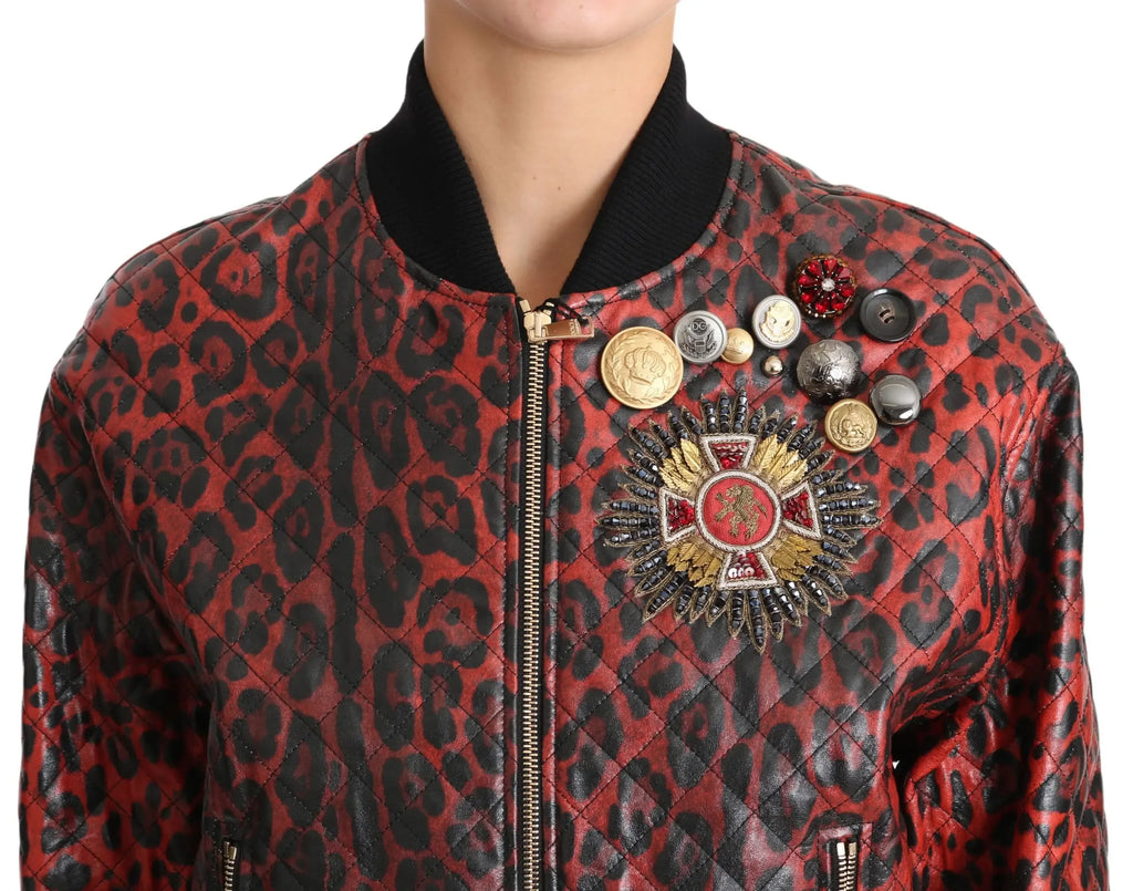 Dolce & Gabbana Red Leopard Button Crystal Leather Jacket - Zeiniez