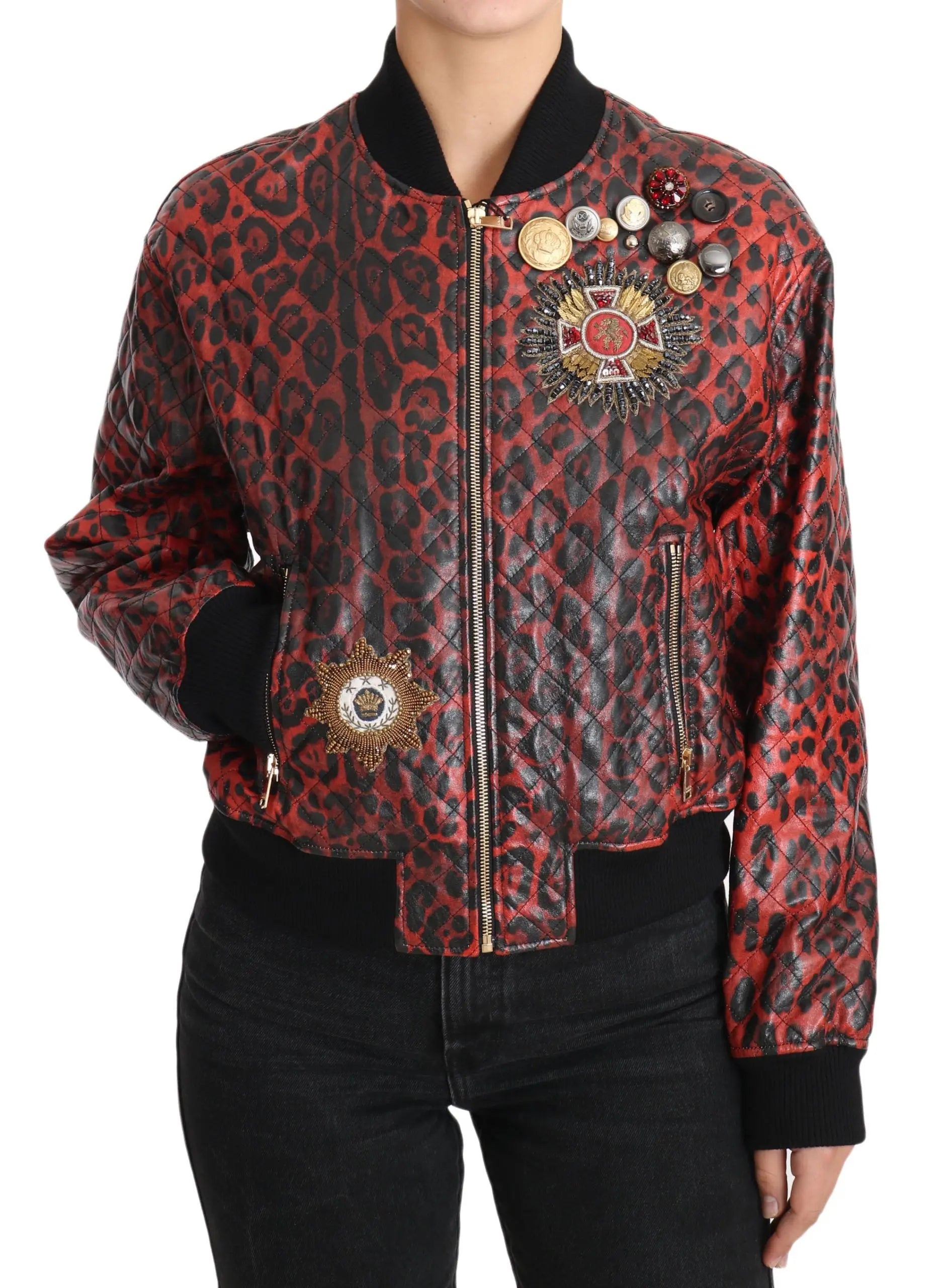 Dolce & Gabbana Red Leopard Button Crystal Leather Jacket - Zeiniez