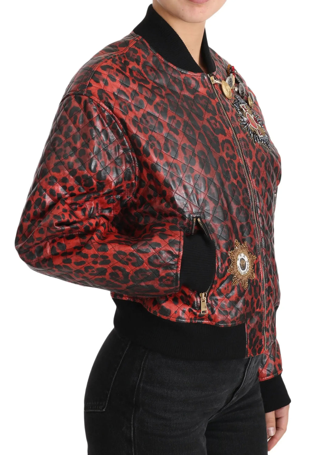 Dolce & Gabbana Red Leopard Button Crystal Leather Jacket - Zeiniez