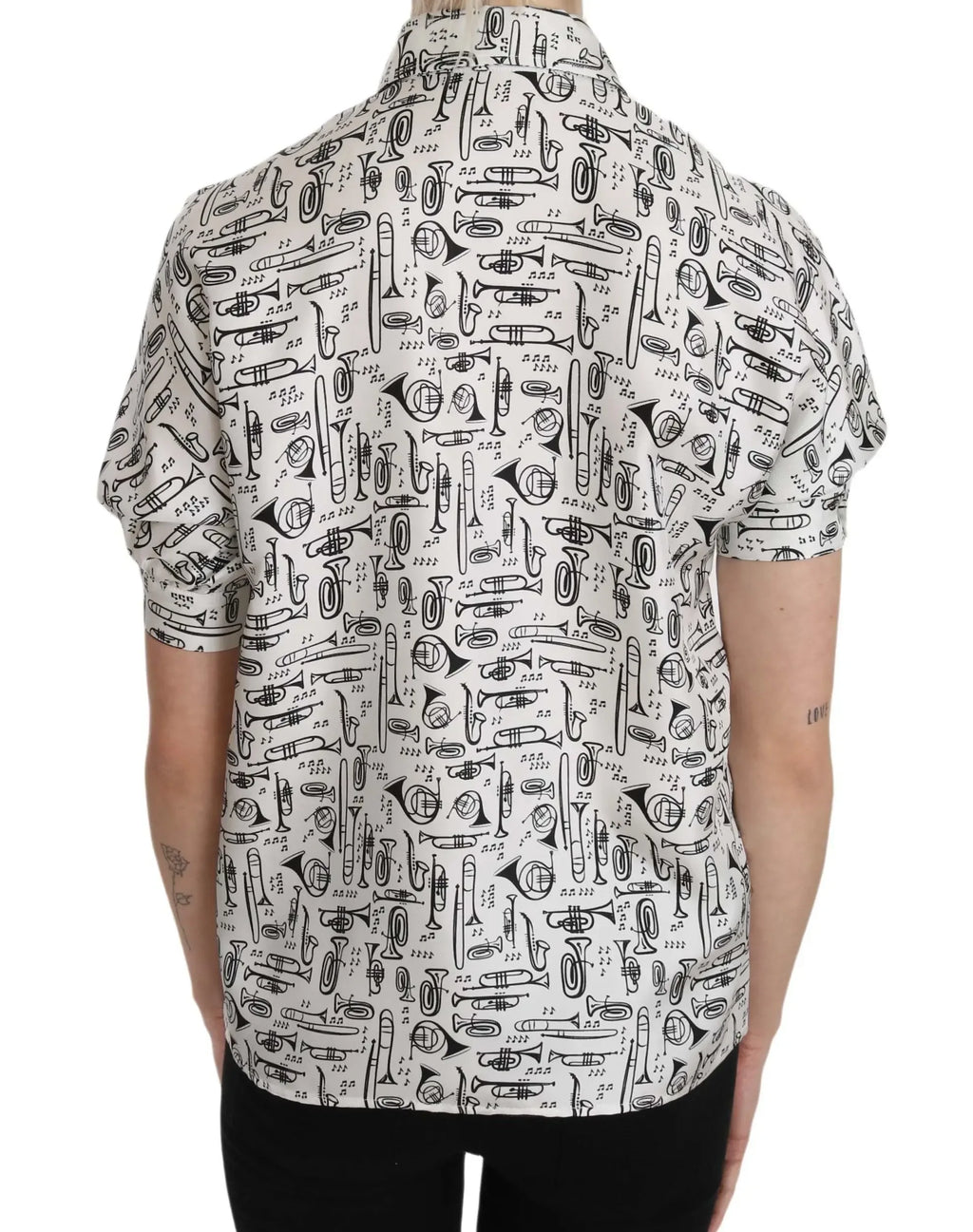 Dolce & Gabbana Trumpet Print Button Front Silk Top Blouse - Zeiniez