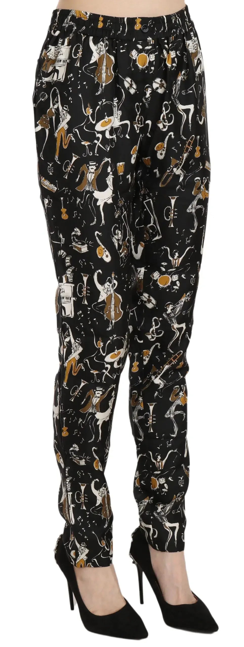 Dolce & Gabbana Black Jazz Club Print High Waist Tapered Pants - Zeiniez
