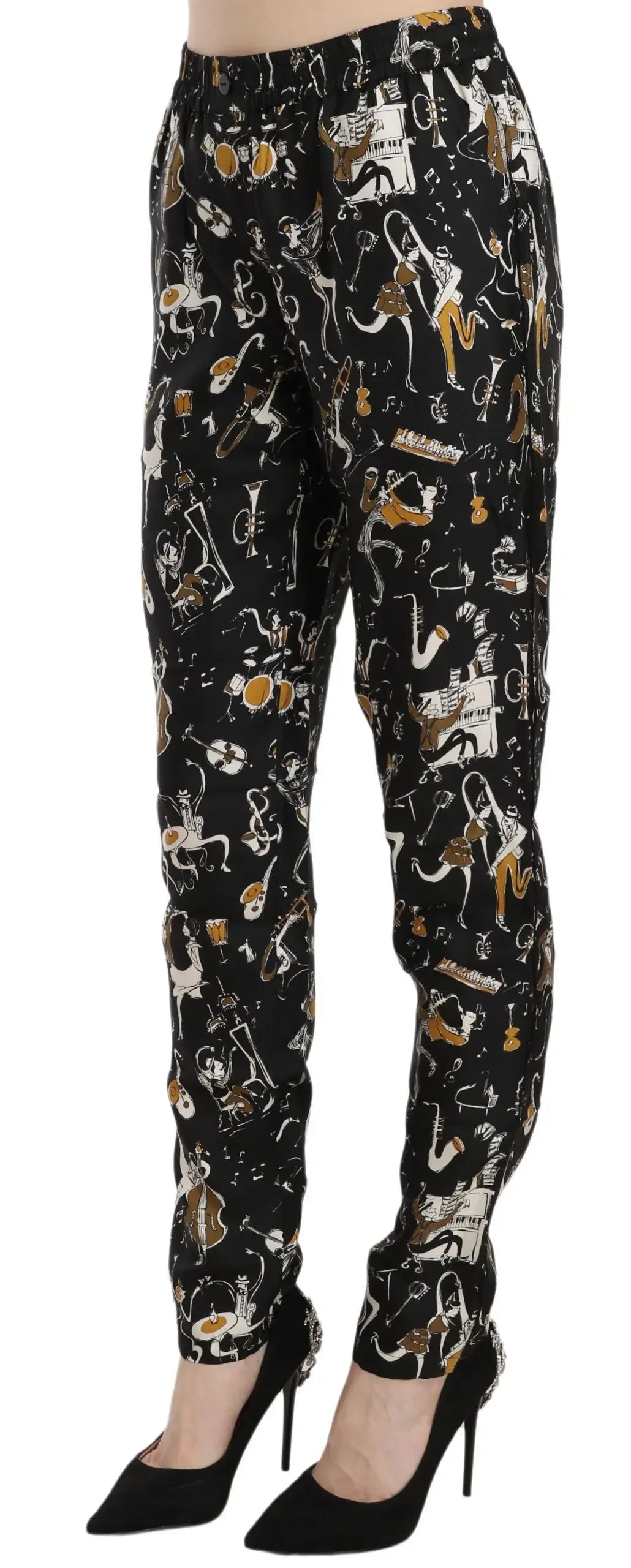 Dolce & Gabbana Black Jazz Club Print High Waist Tapered Pants - Zeiniez