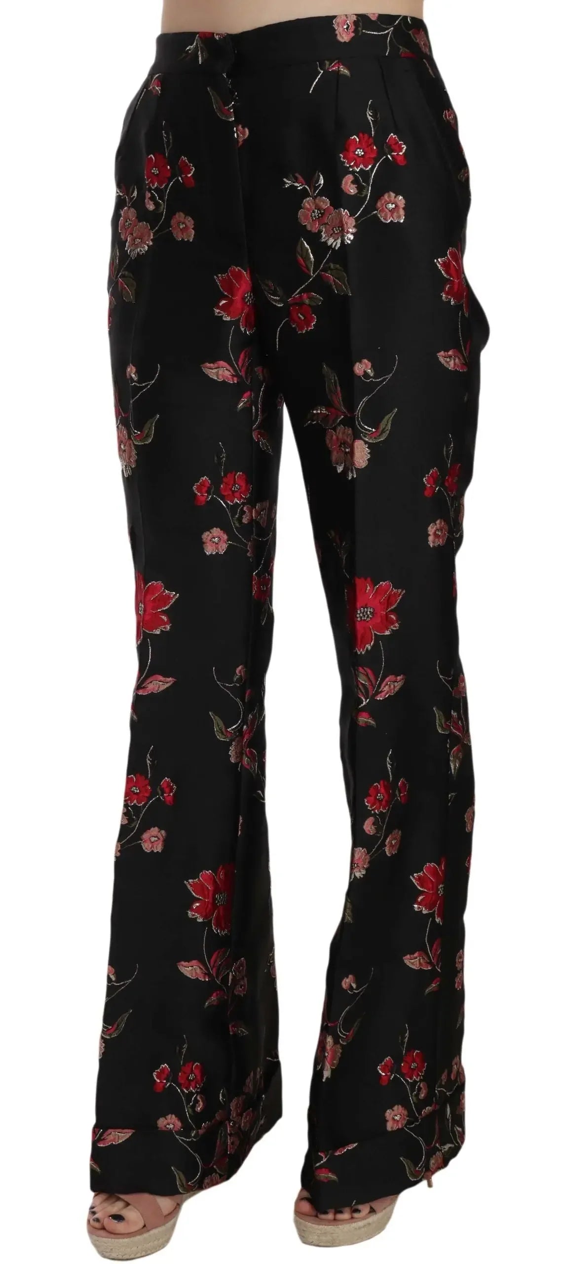 Dolce & Gabbana Floral Print Black Boot Cut Trouser Pants - Zeiniez