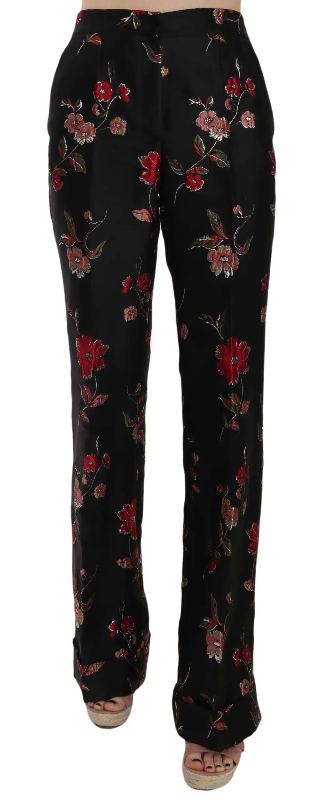 Dolce & Gabbana Floral Print Black Boot Cut Trouser Pants - Zeiniez