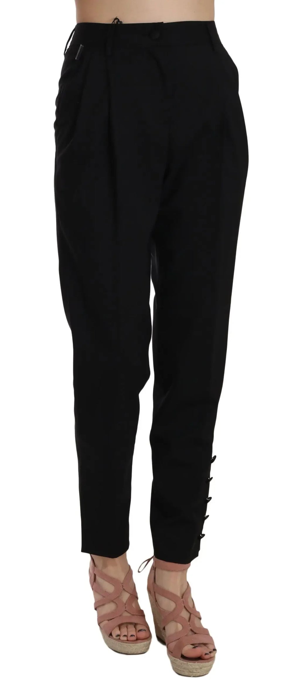 Dolce & Gabbana Black Button Pleated Tapered Trouser Pants - Zeiniez