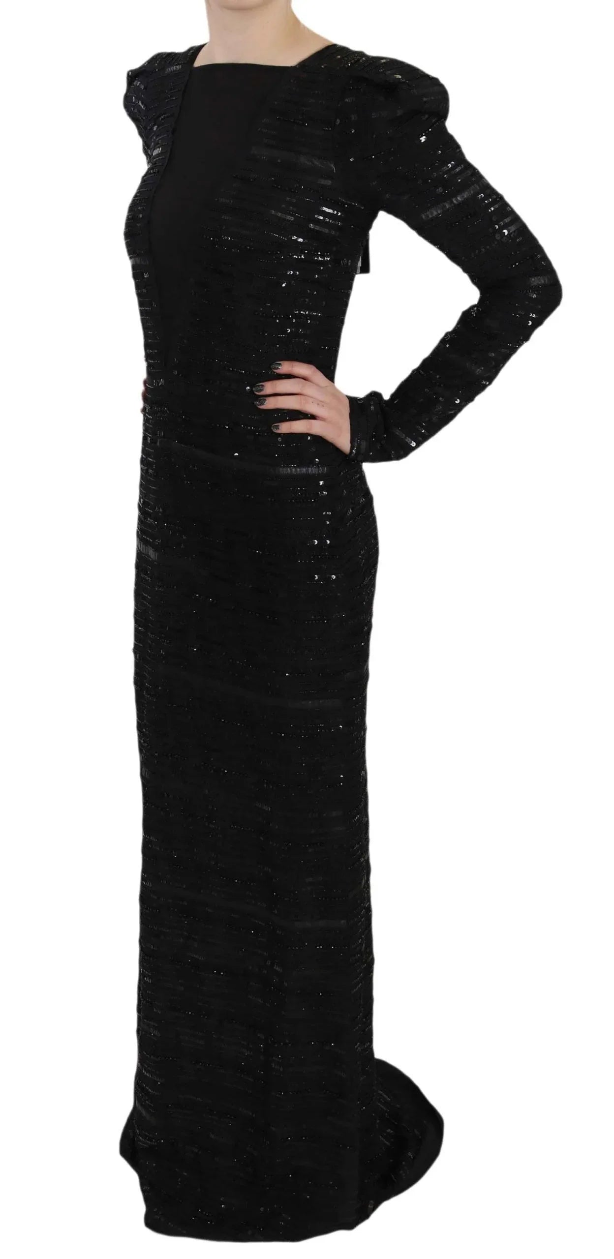 John Richmond Black Silk Full Length Sequined Gown Dress - Zeiniez