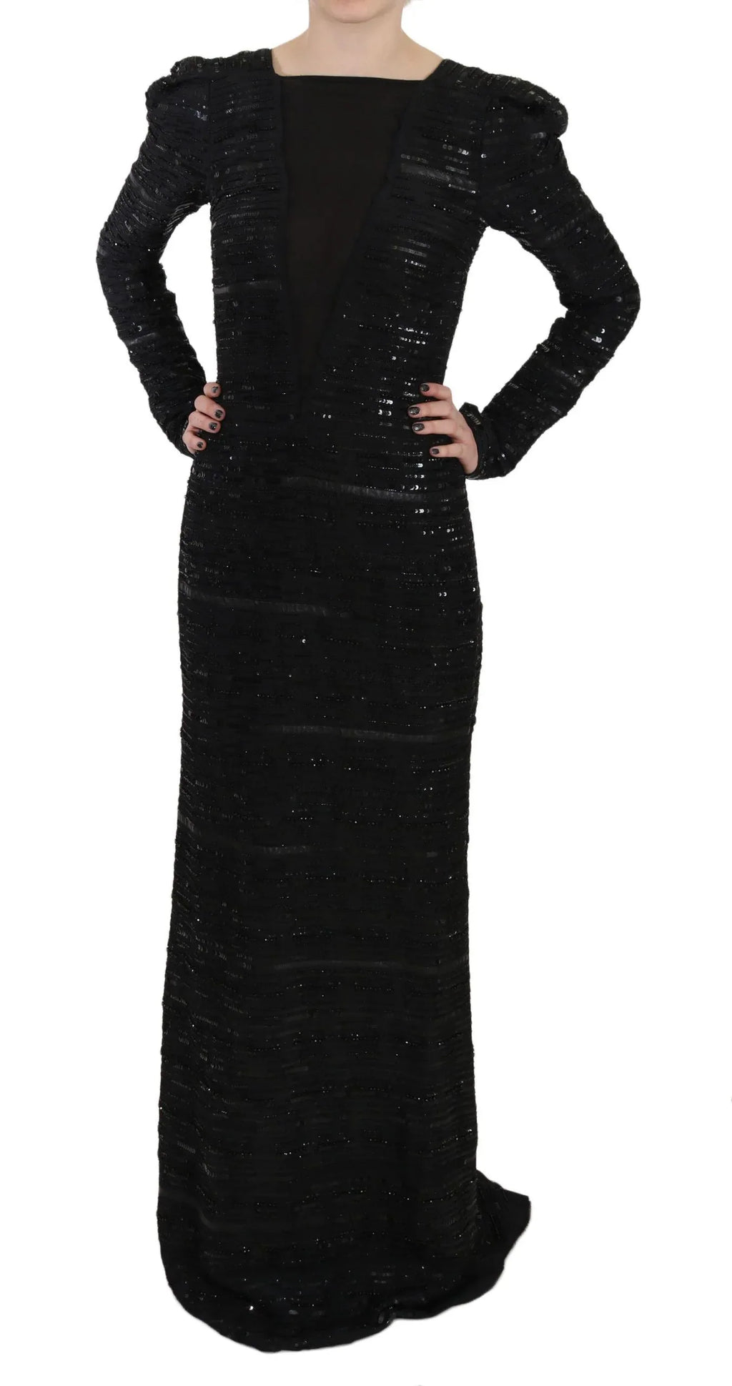 John Richmond Black Silk Full Length Sequined Gown Dress - Zeiniez