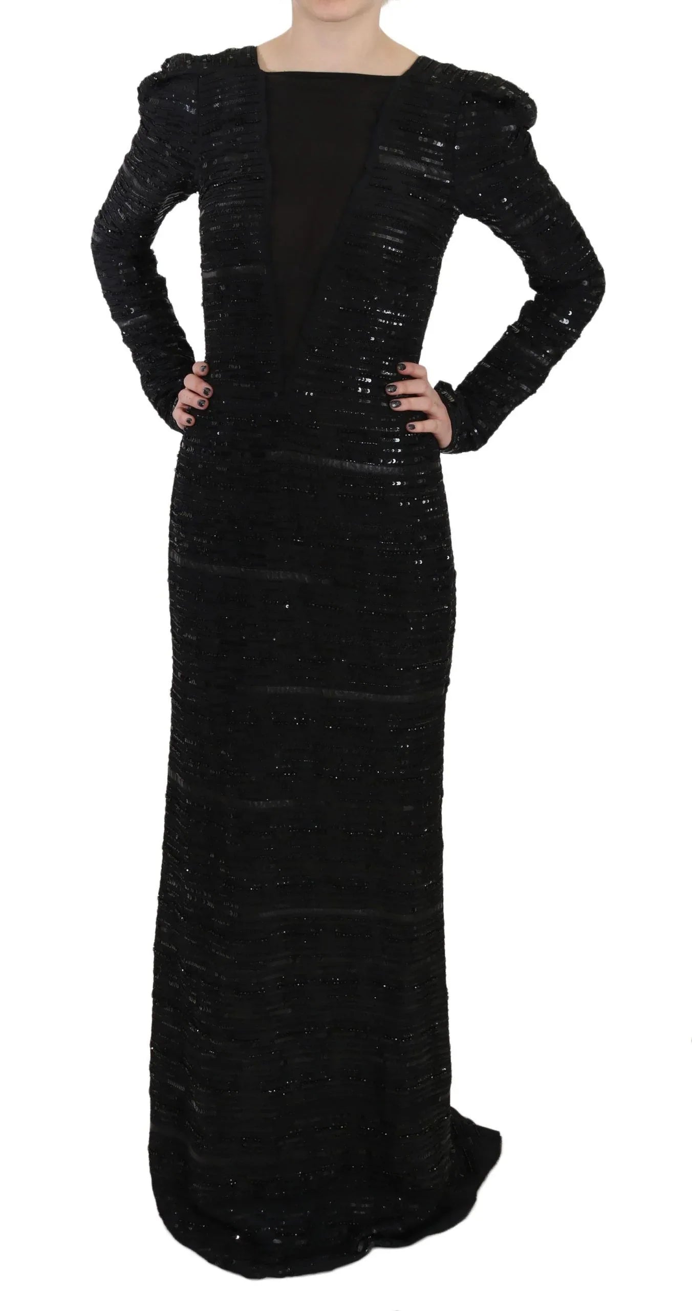 John Richmond Black Silk Full Length Sequined Gown Dress - Zeiniez