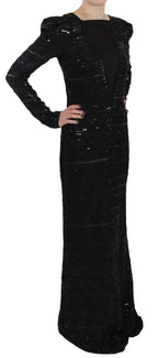 John Richmond Black Silk Full Length Sequined Gown Dress - Zeiniez