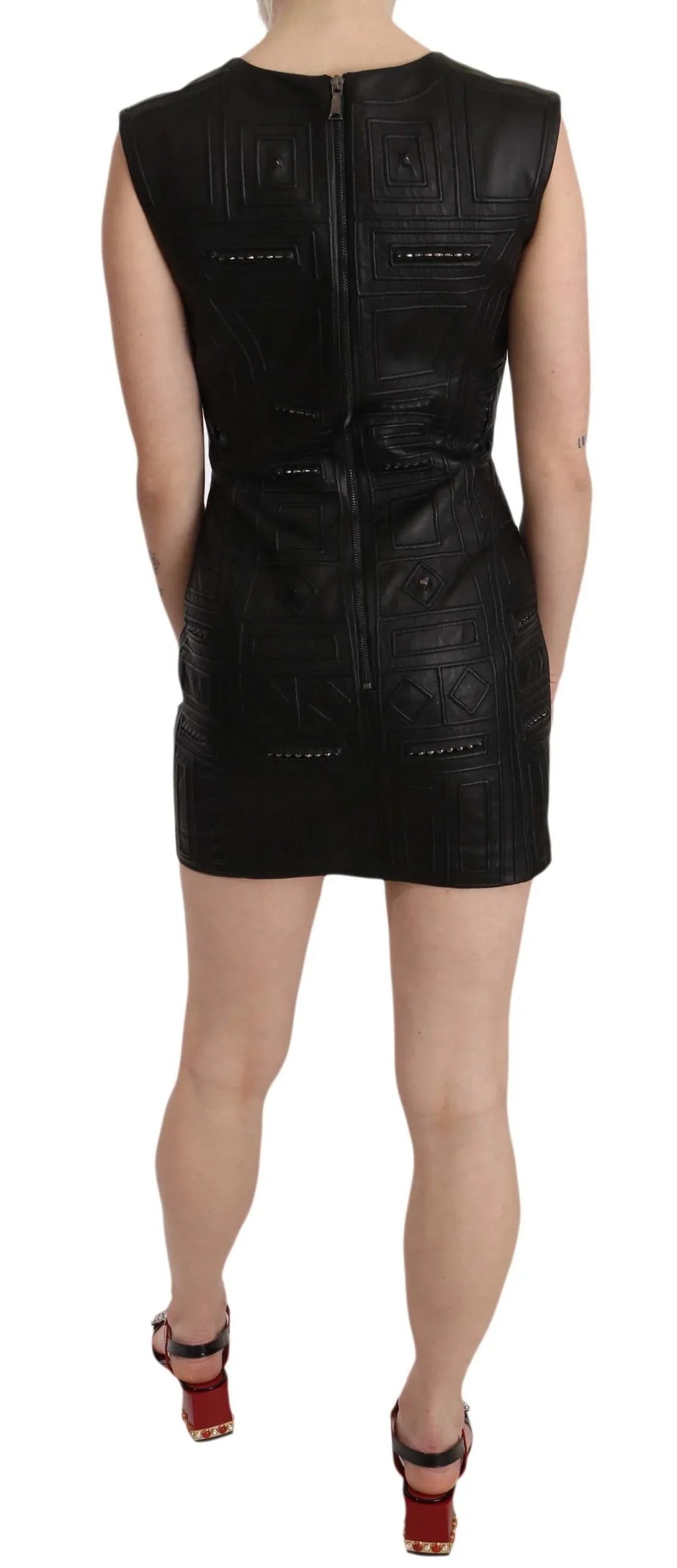 John Richmond Black Leather Studded Mini Shift Dress - Zeiniez