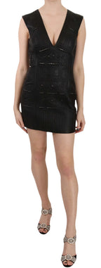John Richmond Black Leather Studded Mini Shift Dress - Zeiniez