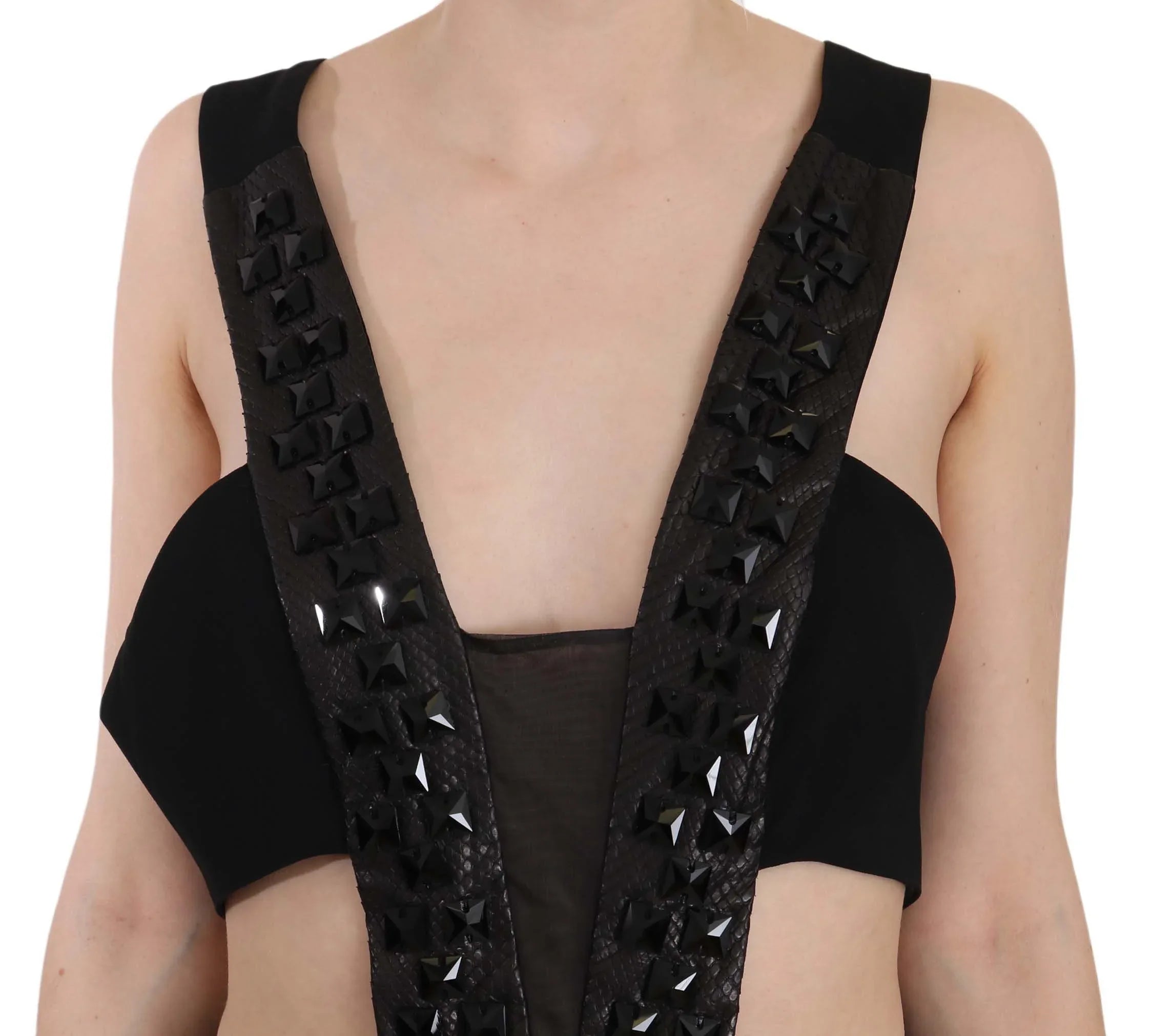 John Richmond Black Crystal Leather Gown Flare Dress - Zeiniez