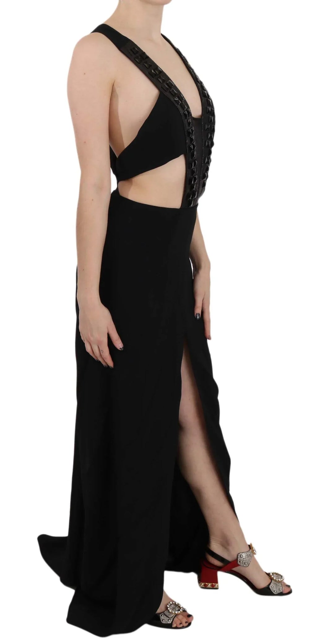 John Richmond Black Crystal Leather Gown Flare Dress - Zeiniez