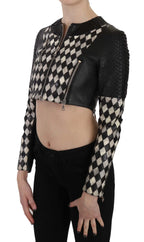 John Richmond Black White Leather Short Cropped Biker Jacket Coat - Zeiniez