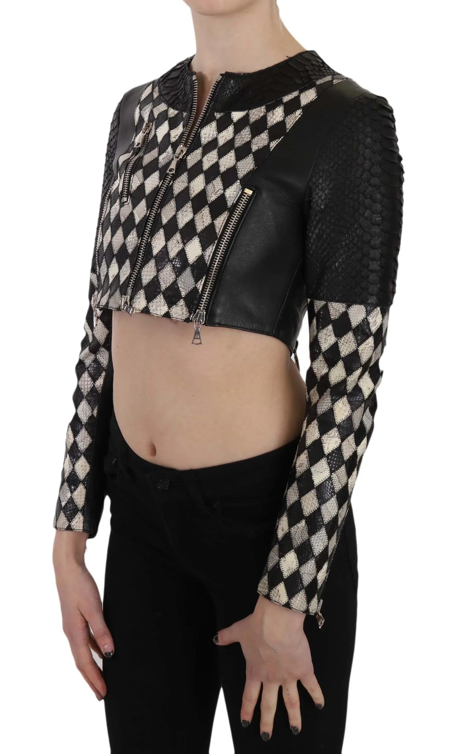 John Richmond Black White Leather Short Cropped Biker Jacket Coat - Zeiniez