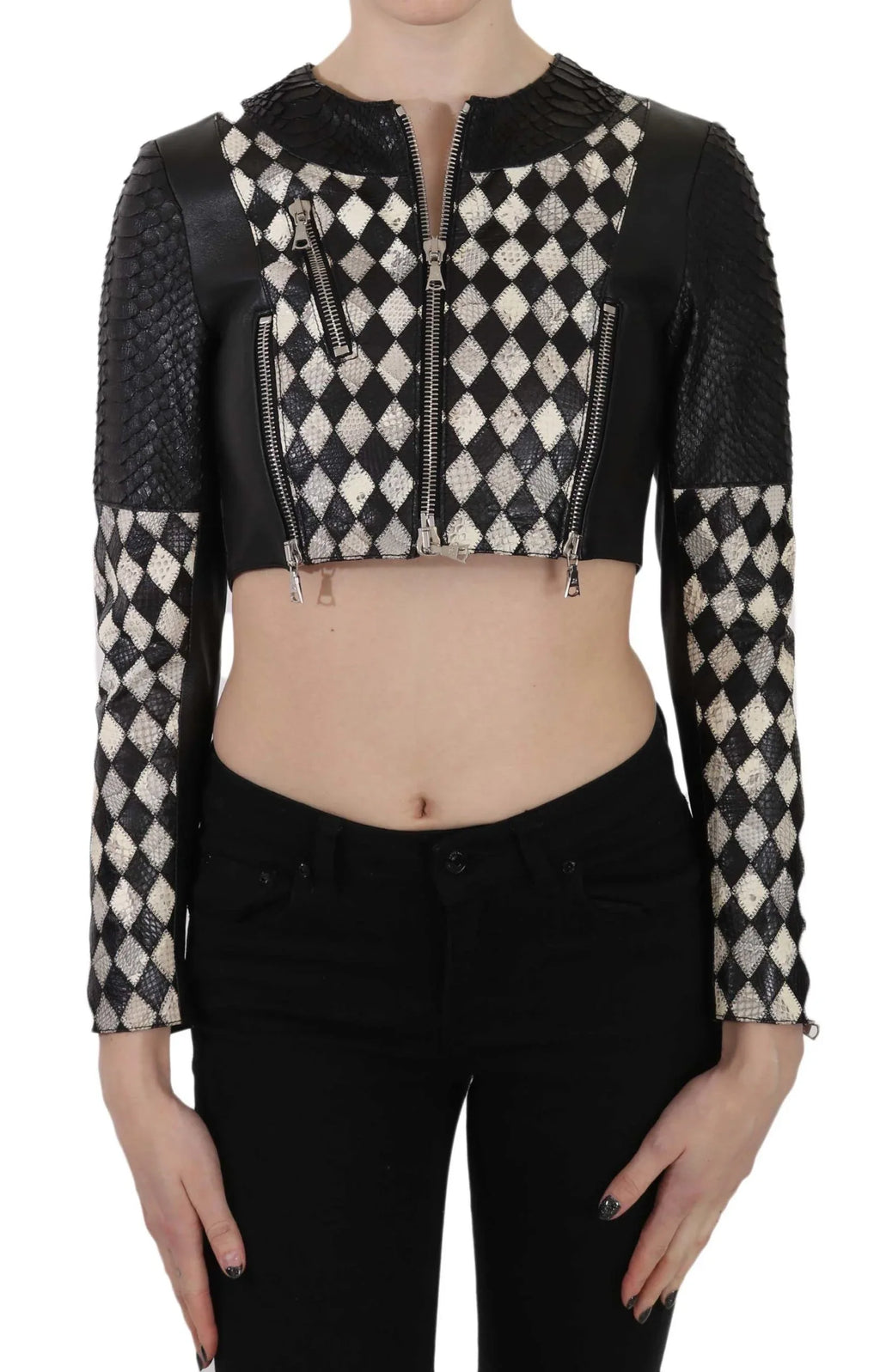 John Richmond Black White Leather Short Cropped Biker Jacket Coat - Zeiniez