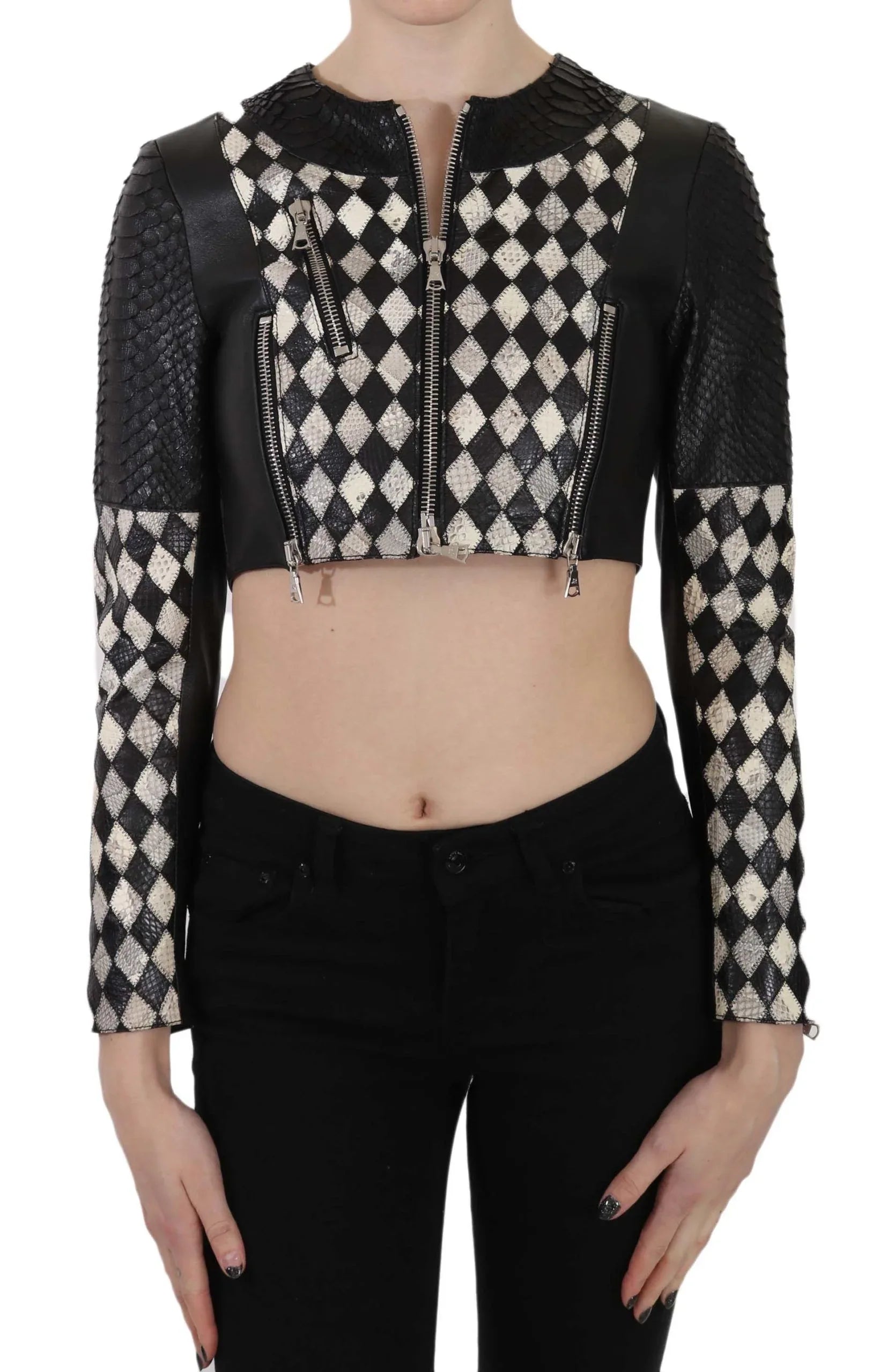 John Richmond Black White Leather Short Cropped Biker Jacket Coat - Zeiniez